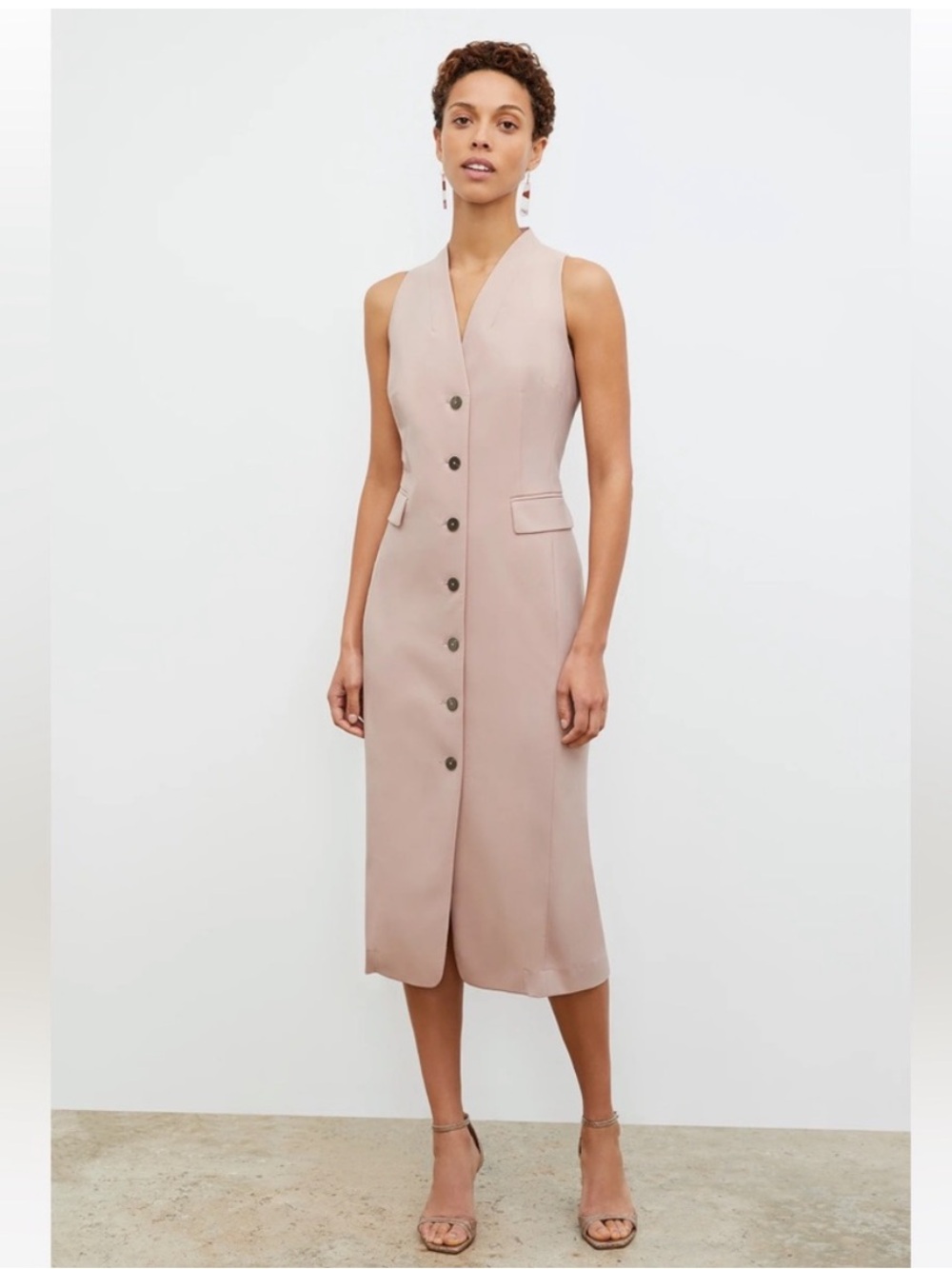 MM Lafleur Blush Pink Khaki Cassandra Midi Dress Vest Sleeveless Button Up Front